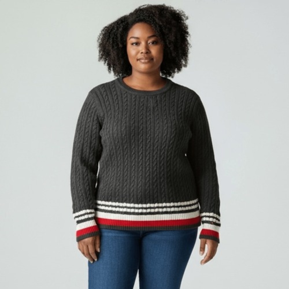 Tommy Hillfigher Black Varsity Stripe Cable Knit Crewneck Preppy Sweater, XL